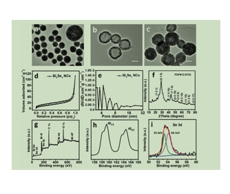 (a) Bi2O3 NPs、(b) Bi2Se3 NCs和(c) BPDC NCs的透射电镜图像（比例尺： 50 nm）；(d) N2吸附-解吸等温线和(e)Bi2Se3NCs相应的孔径分布；(f)Bi2Se3NPs的XRD谱；（g-i）Bi2Se3NCs的XPS表征：(g)(h)Bi4f和(i) Se 3d的全谱和核心水平谱的调查